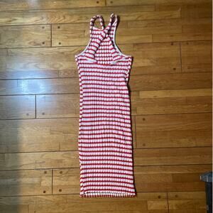 Zara red & white striped ribbed midi tank column dress